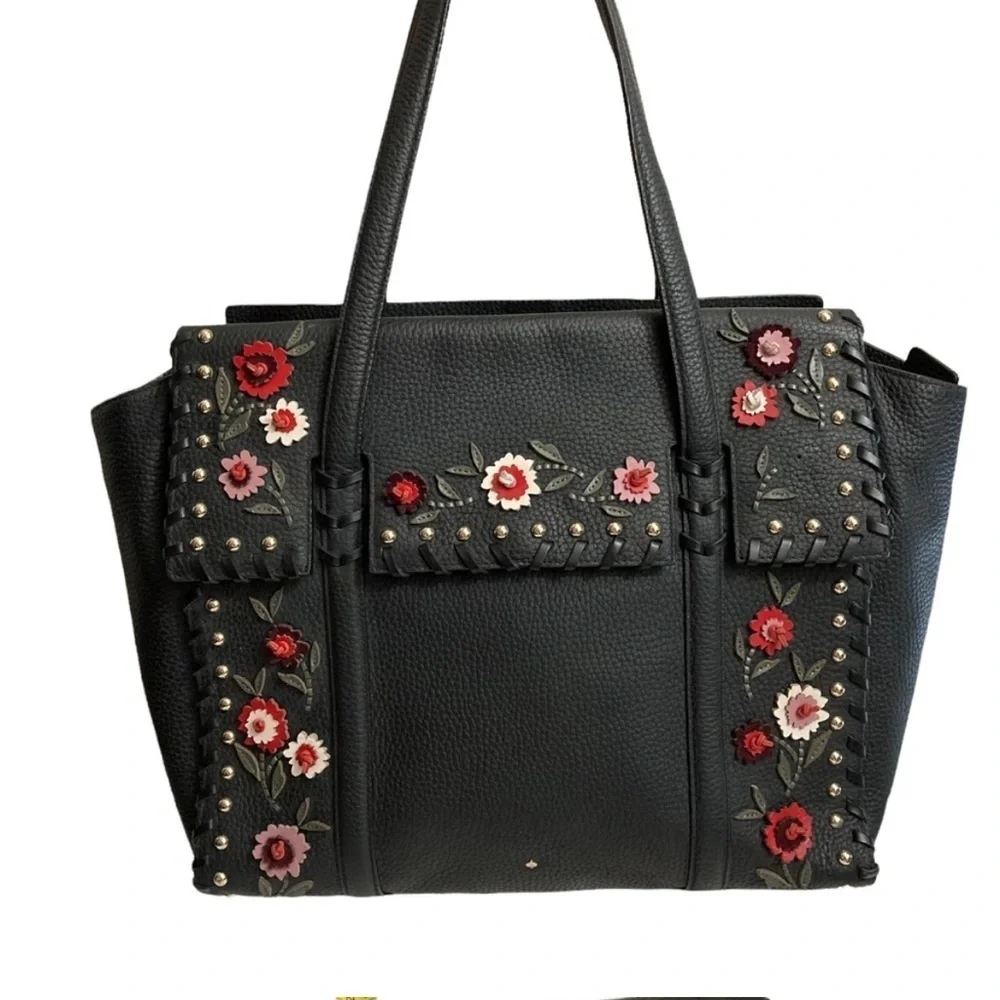 Kate Spade Madison Avenue Abigail black purse with leather flowers embellished